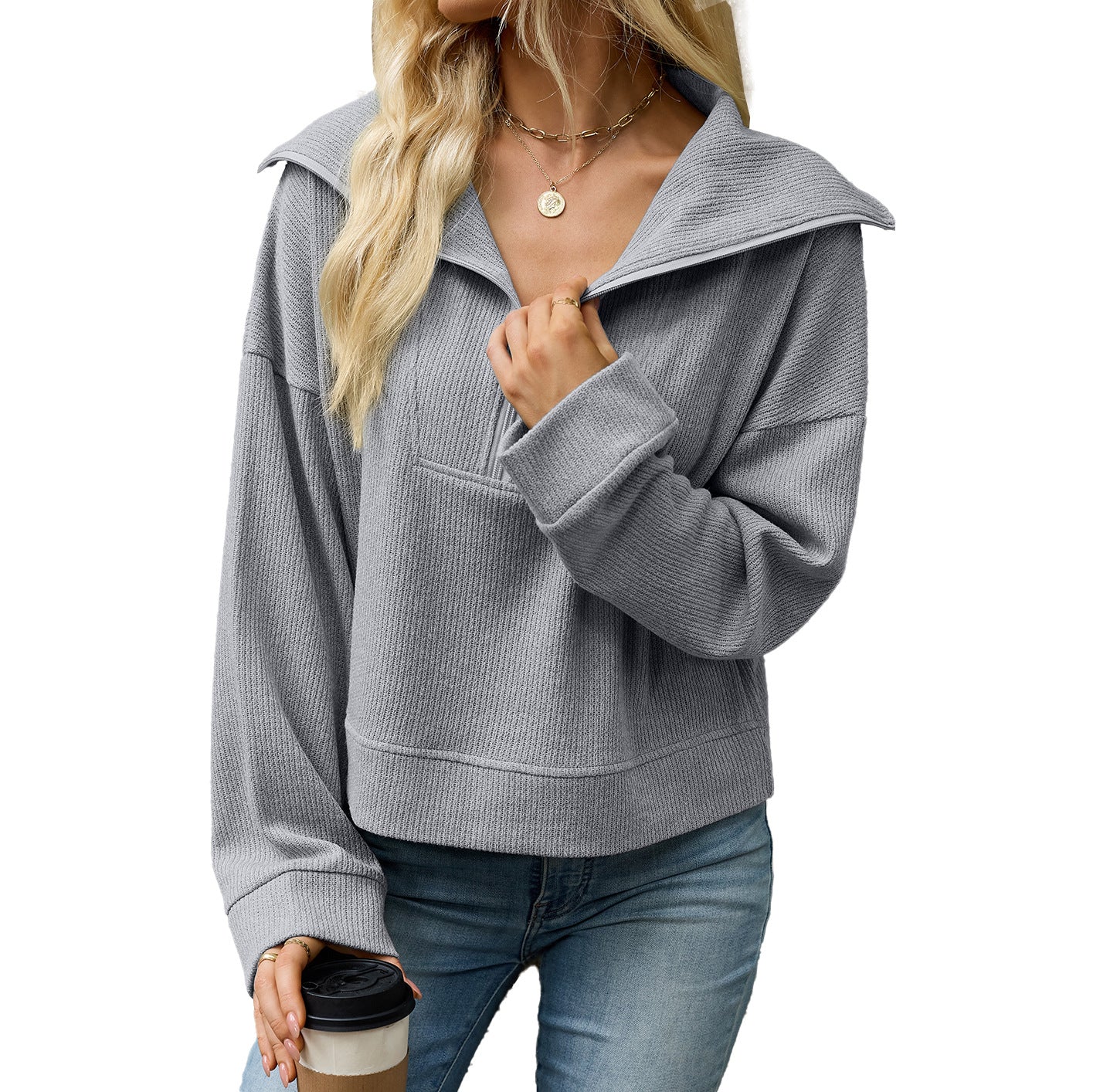 Women's Solid Color Polo Collar Zipper Loose Long Tops