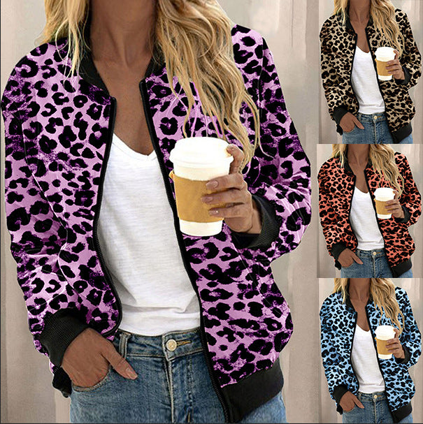 Autumn Leopard Print Stand Collar Zipper Women's Sweater, Sweater
