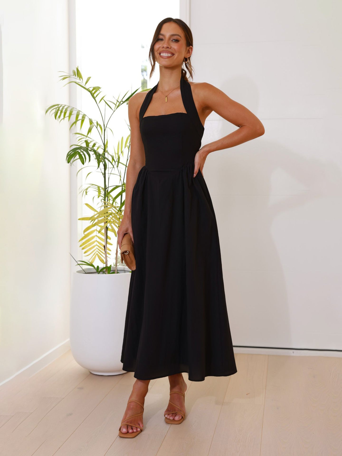 Women's Temperament Pure Color Square Collar Sleeveless Halter Dress