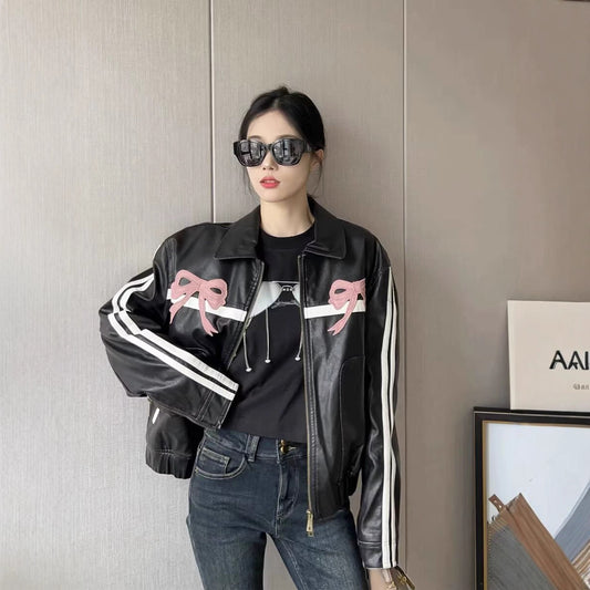 Women's Winter Sweet Cool Bowknot Embroidery Leather Jackets