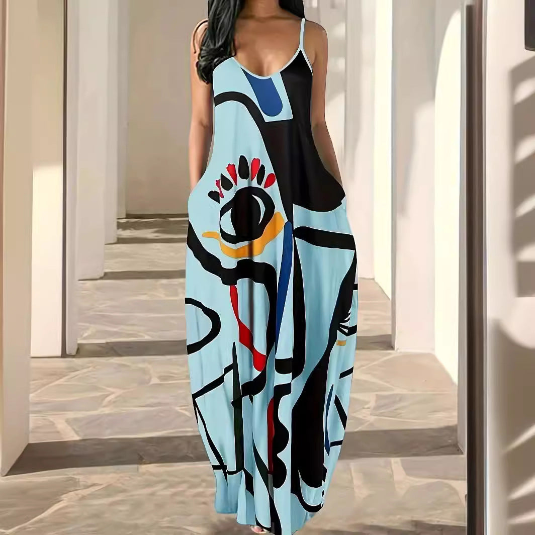 Summer Cool Sling Fashion Deep V Abstract Face Style Digital Dress