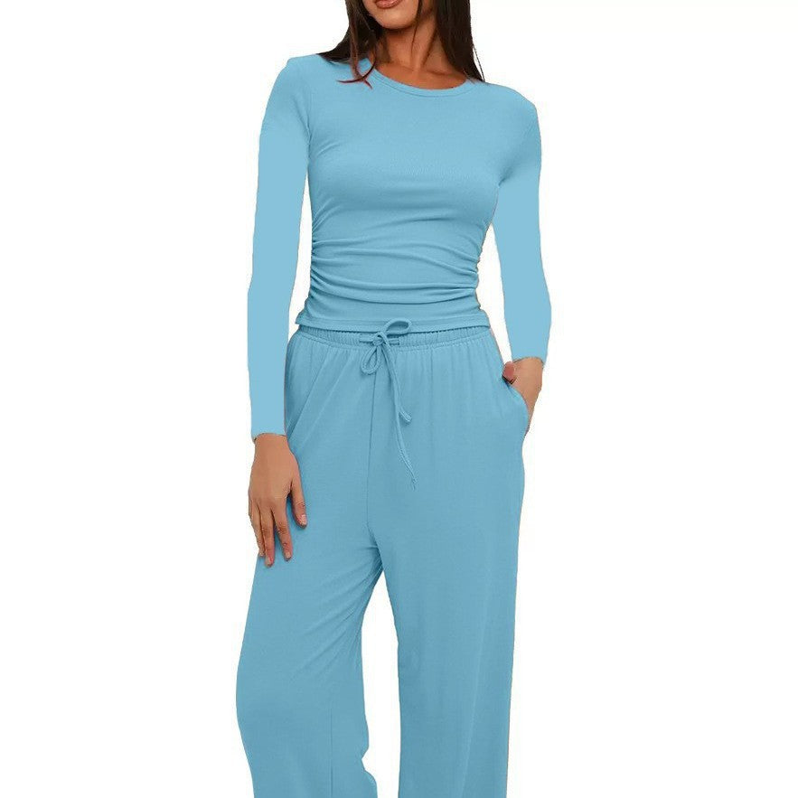 Solid Color Long Sleeves Outfit High Waist Wide Tops