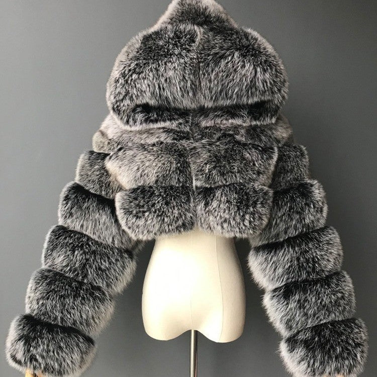 Women's Fur Hooded Faux Imitation Fox Long Coats