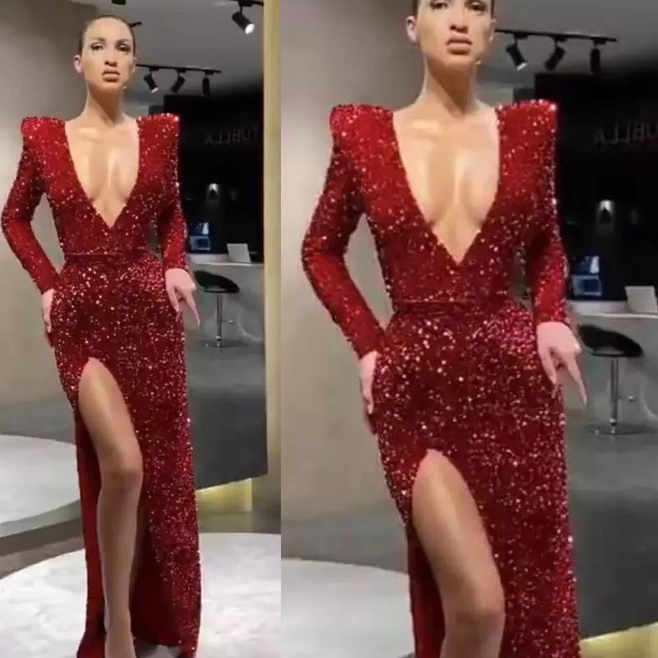 Women's Sexy Deep V Long-sleeved Embroidered Sequined Dress