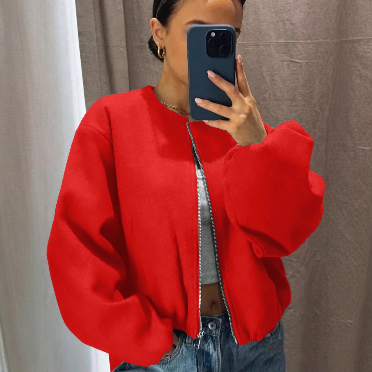 Women's Fashionable Pilot Round Neck Zipper Jackets