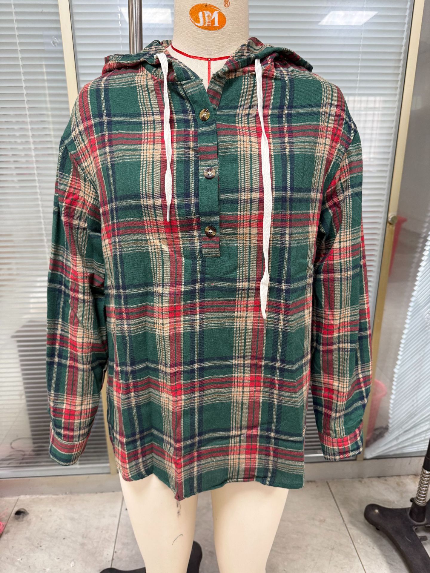 Women's Loose Long Sleeve Hooded Button Plaid Women's Sweater, Sweater