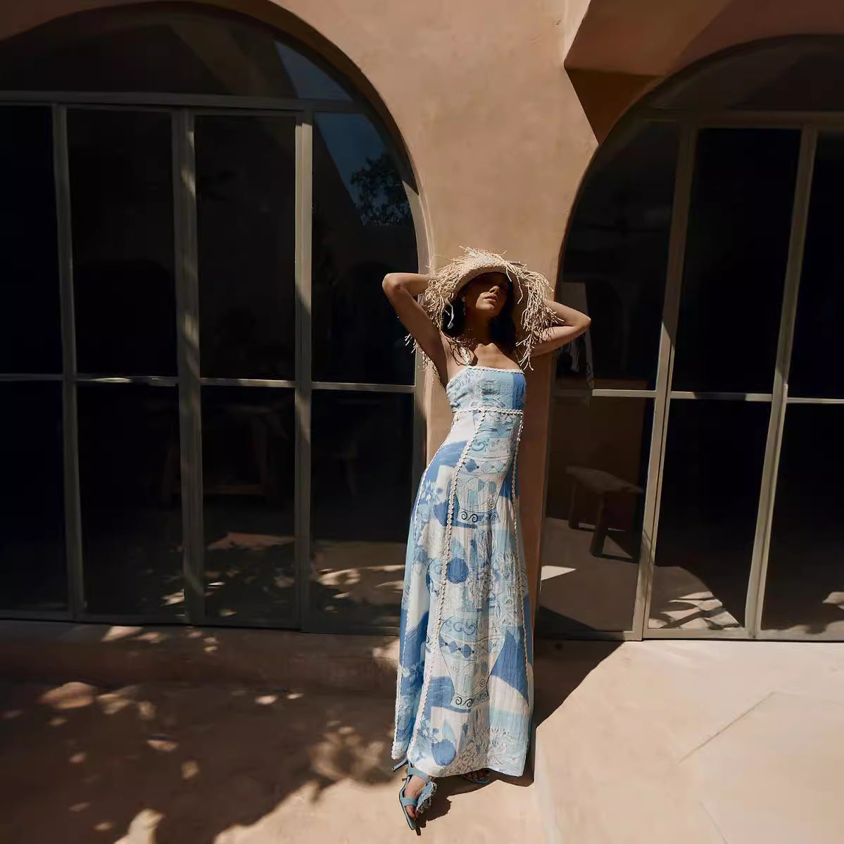 Fashion Linen Printed Sexy Backless Bow Dresses