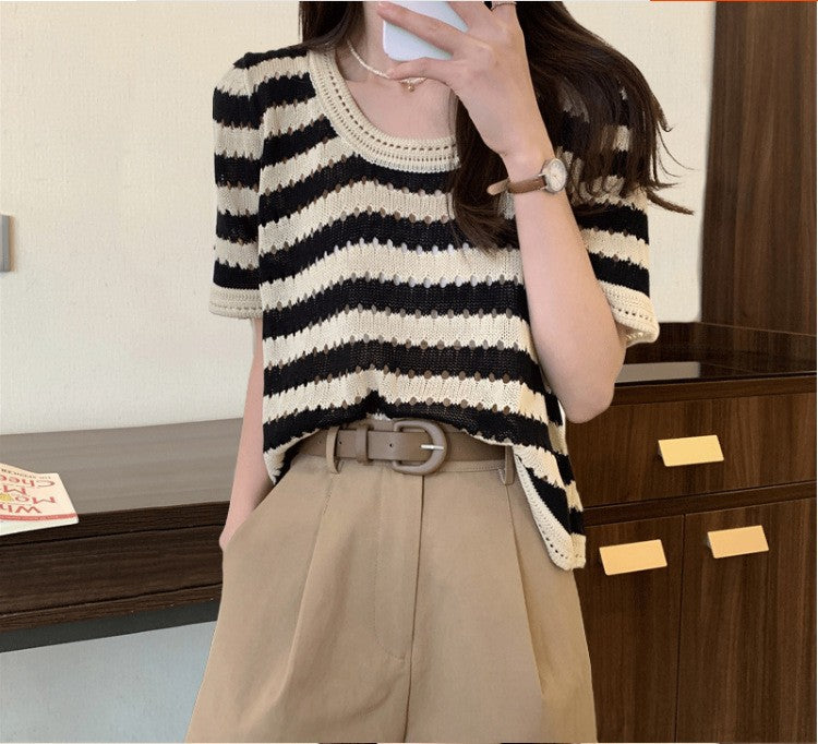 Women's Thin Hollow Loose Striped Summer Design Women's T-shirt