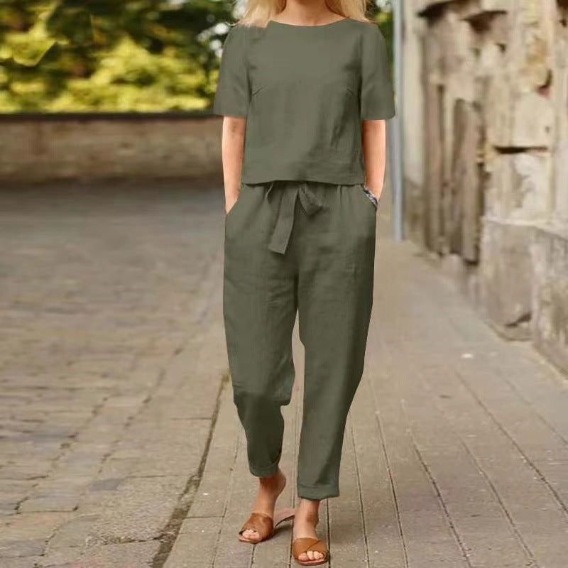 Women's Linen Summer Matching Half Sleeve Oversized Wide Leg Retro Two-piece Fashion Casual Suit