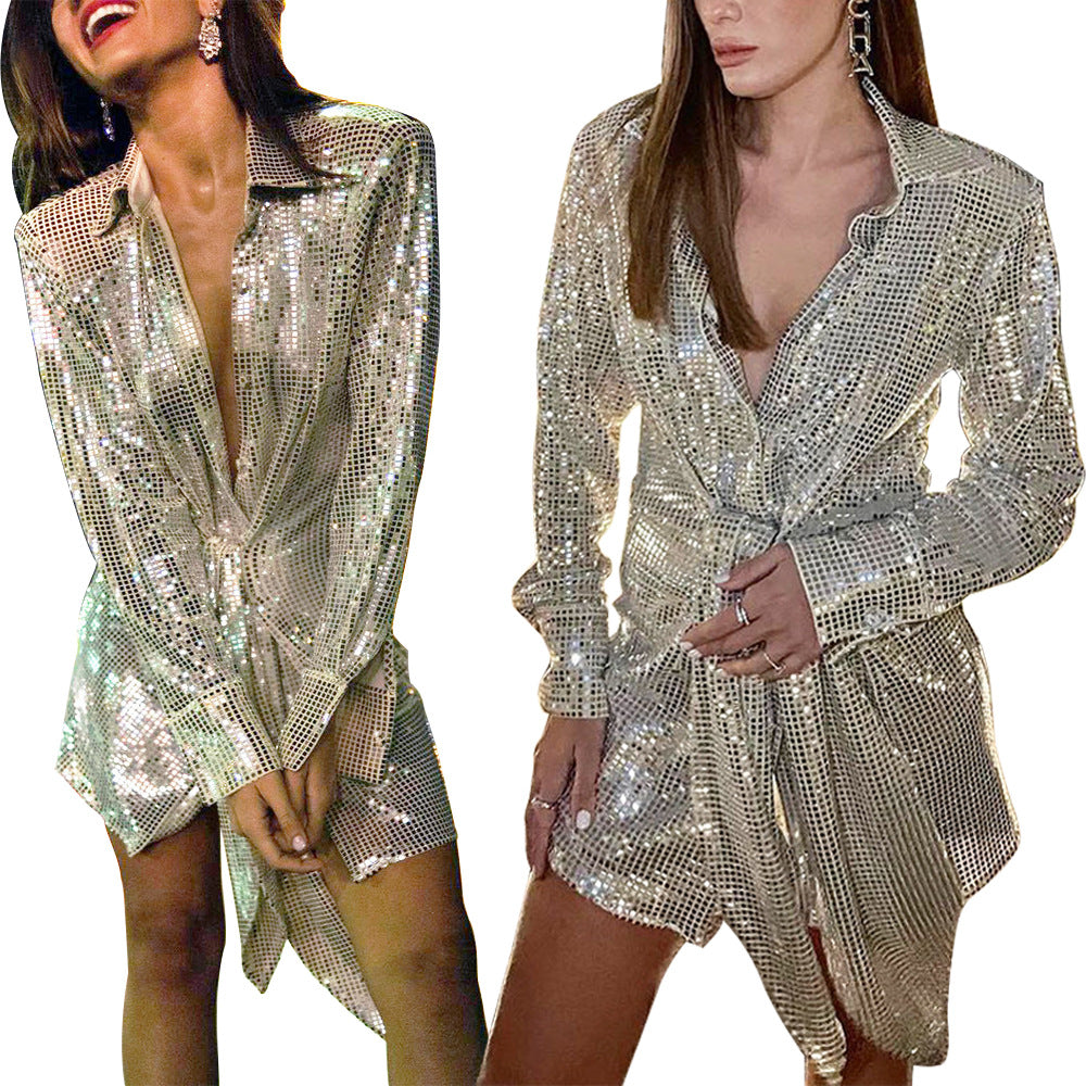 Women's Tied Slim Fit Long Sleeve Sequined Blouses