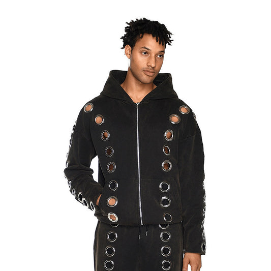 Women's & Men's Trendy Iron Hoop Loose Zipper Hooded Eyelet Sweaters