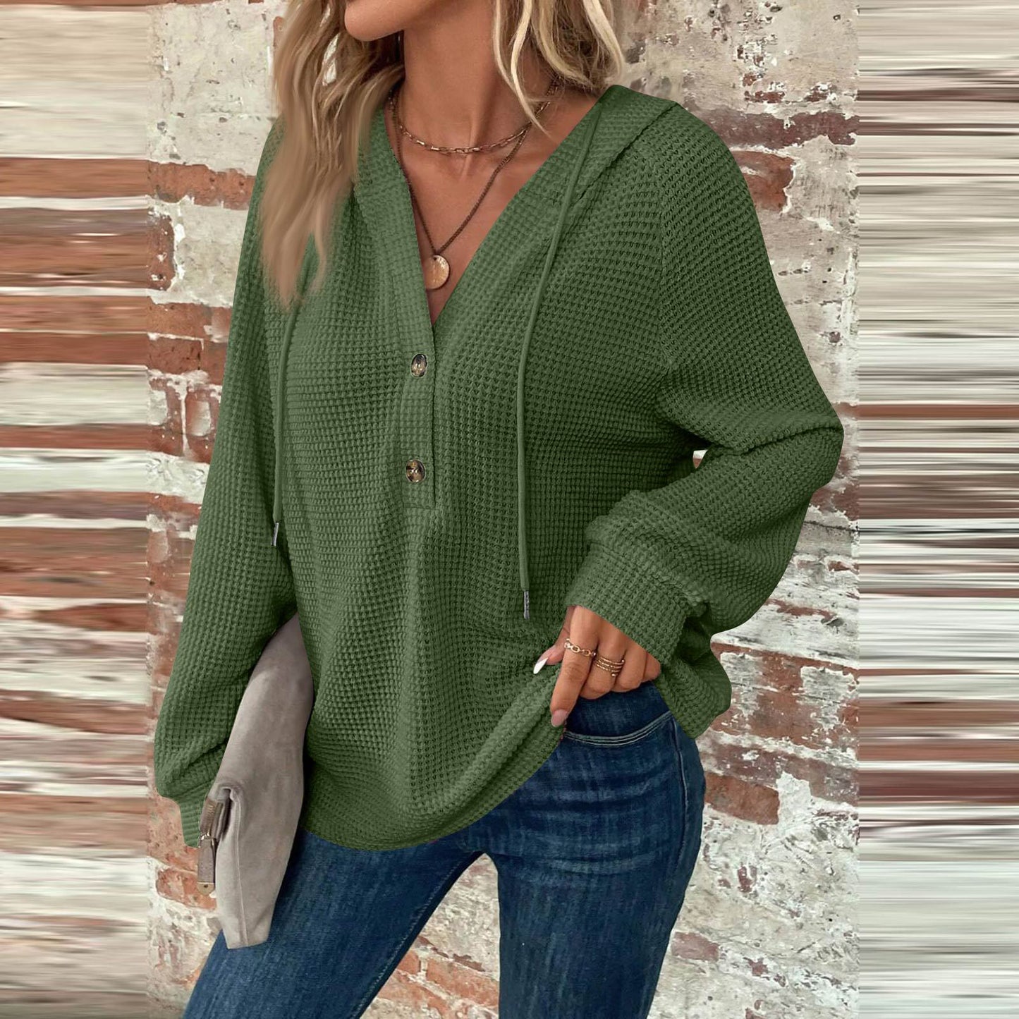 Women's Hoodie Waffle Knit Drawstring Button Long Sleeve Pullover Leisure Sweaters