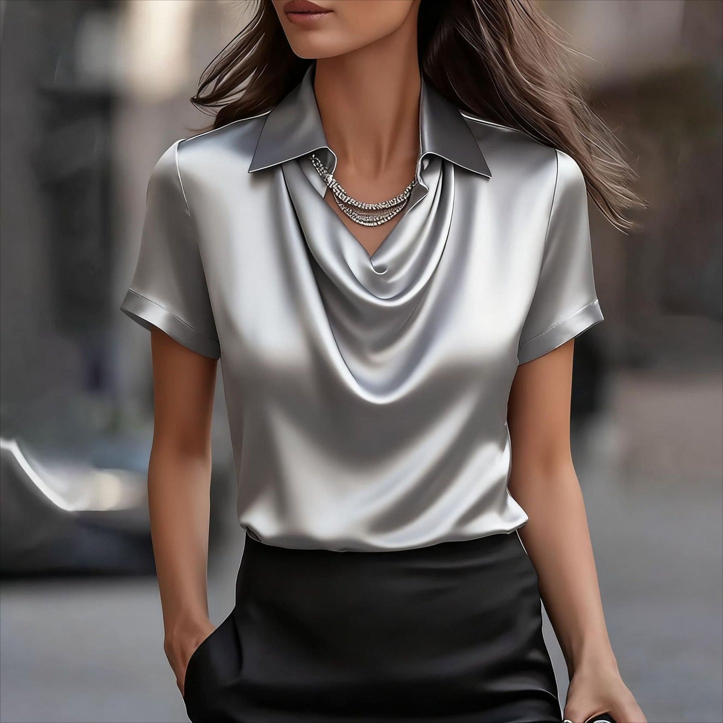 Women's Temperament Commute Lapel Sleeve Loose Solid Women's T-shirt