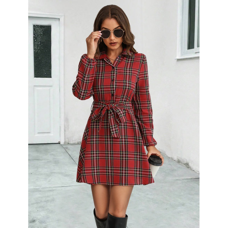 Versatile Women's Lantern Sleeve Plaid Shirt Dress