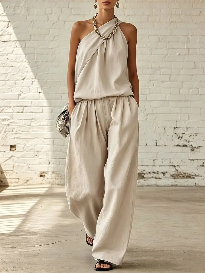 Linen Sleeveless Cold-shoulder Solid Color Wide Fashion Casual Suit