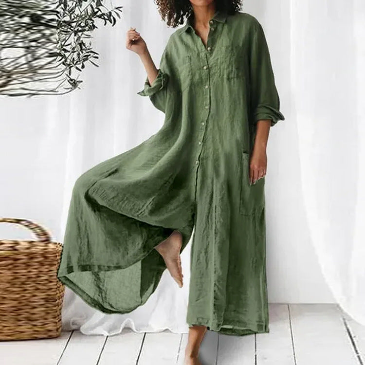 Women's Color Casual Long Sleeves Mid-length Cotton Jumpsuits