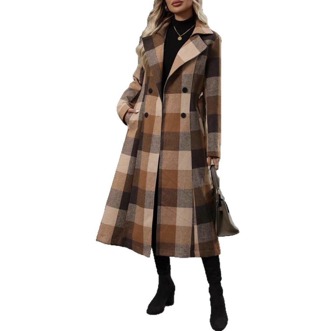 Women's British Style Belt Extended Plaid Trench Coats