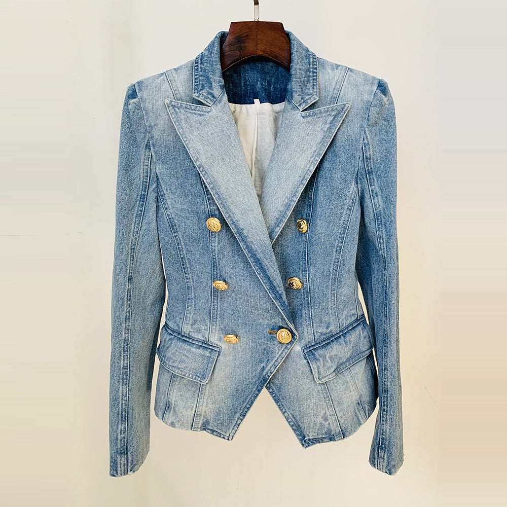 Versatile Slim Double-breasted Lion Button Denim Jackets