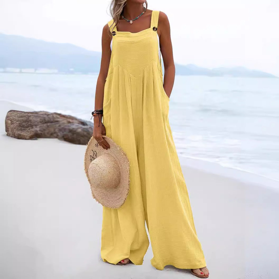 Women's Style Fashion Button Solid Color Wide Jumpsuits