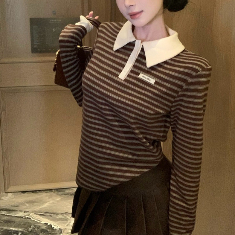 Women's Color Fashionable Art Stripes Brushed Thickened Blouses