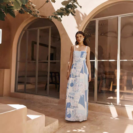 Fashion Linen Printed Sexy Backless Bow Dress