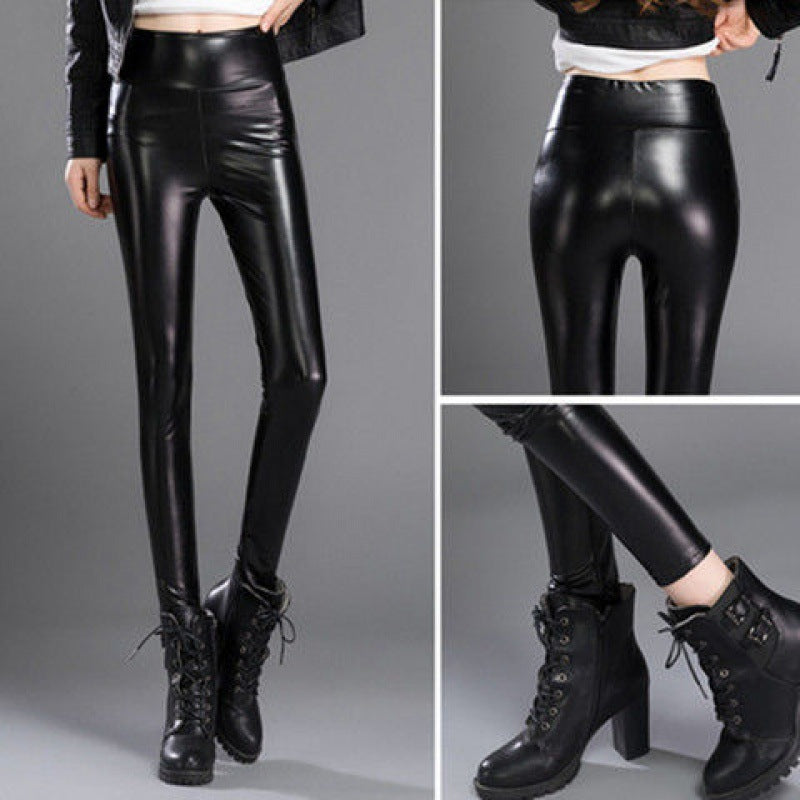 Women's Leather Fleece-lined Thick High Waist Elastic Pants