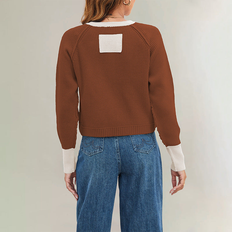 Women's Fashion Round Neck Single Row Button Contrast Color Sweaters