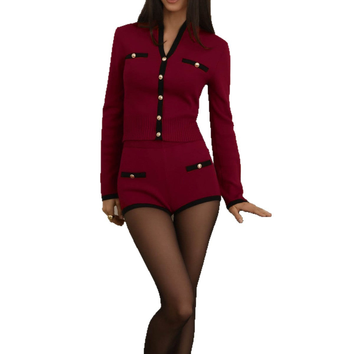 Women's Color Single-breasted Long Sleeve Thread Two-piece Set Shorts