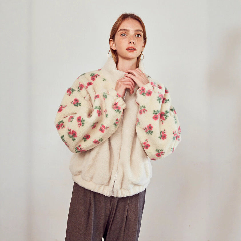 Women's Fashion Loose Polar Fleece Floral Stitching Coats