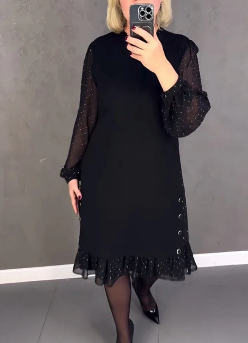 Women's Solid Color Round Neck Lace Stitching Dress