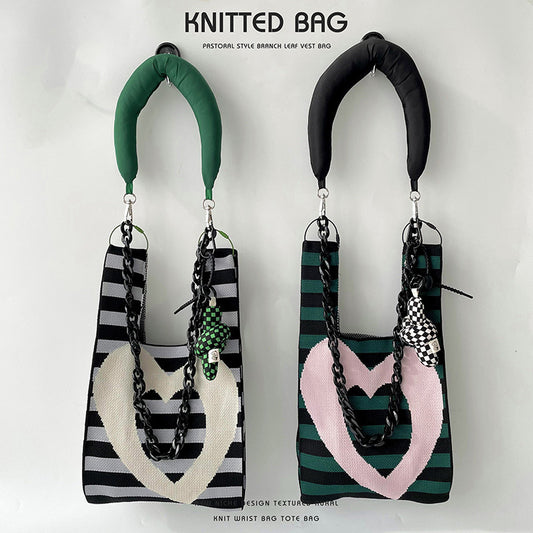 Design Striped Heart Knitted Versatile Large Shoulder Bags