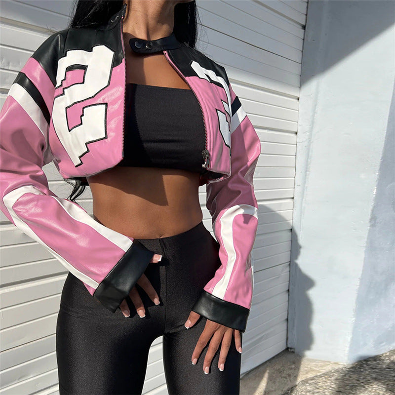 Women's Summer Fashion Motorcycle Contrast Color Embroidery Jackets