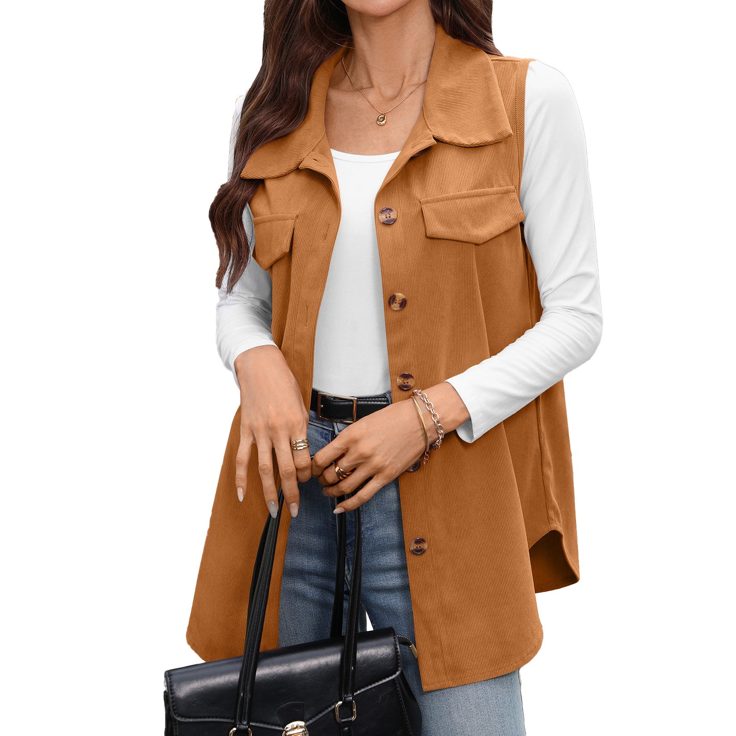 Slouchy Solid Color Buttons Corduroy Ladies Women's Vest