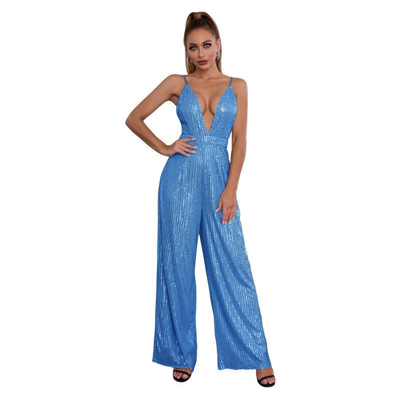 Women's Sequined Sleeveless Hot Deep Backless Sling Jumpsuits