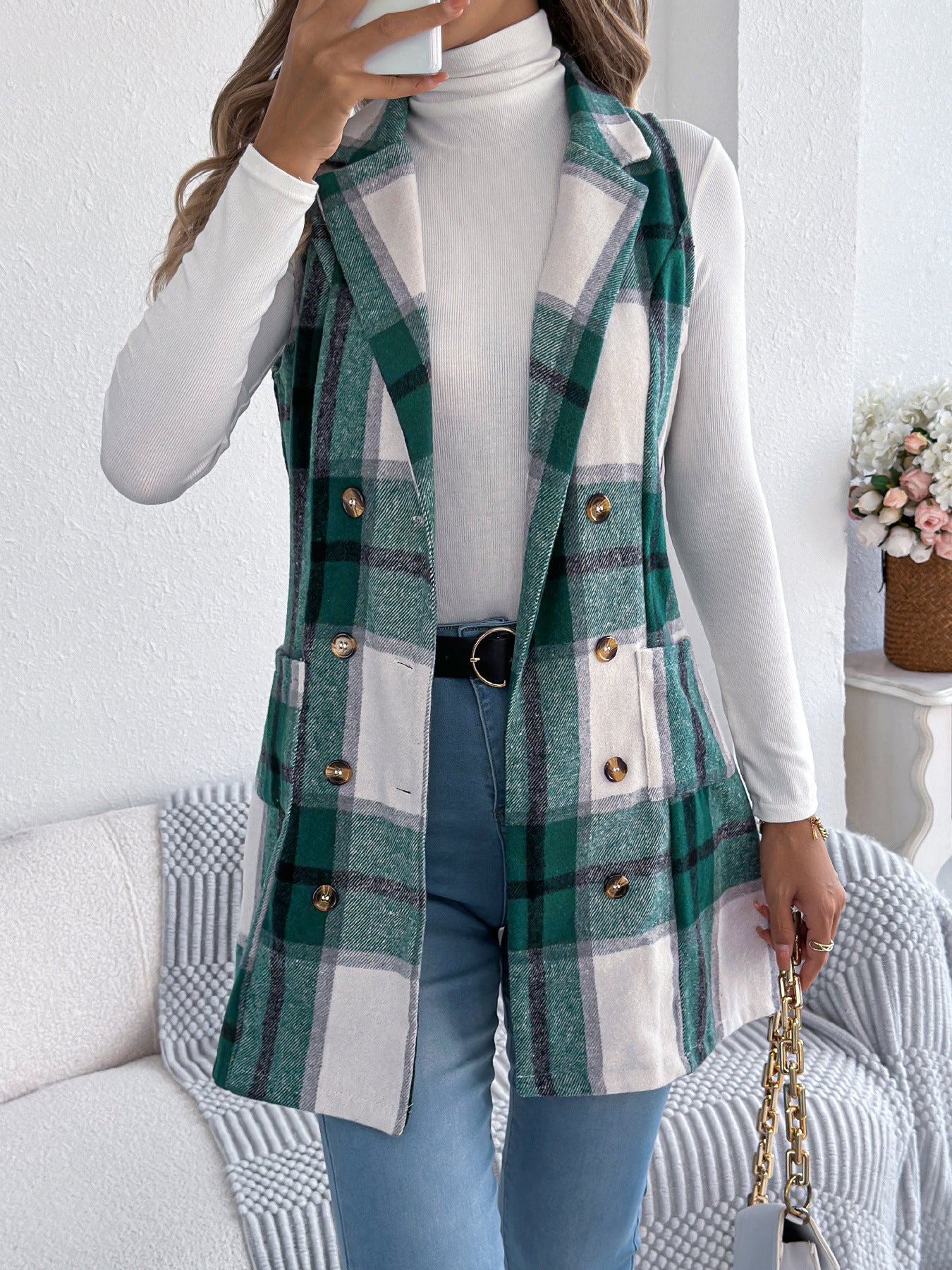 Women's Plaid Double Breasted Pocket Woolen Long Vests