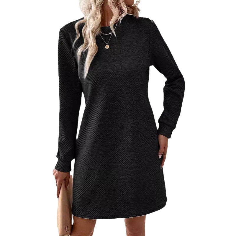 Women's Solid Color Oblique Plaid Texture Round Neck Long Sleeve Dress
