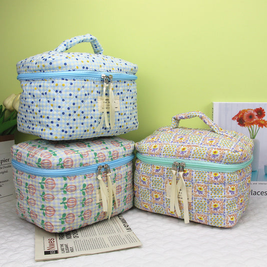 Plaid Love Embroidery Cute Large Capacity Portable Storage Cosmetic Bags