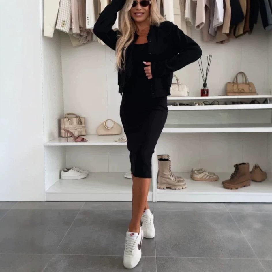 Summer Solid Color Suspender Dress Outerwear Long Two-piece Fashion Casual Suit