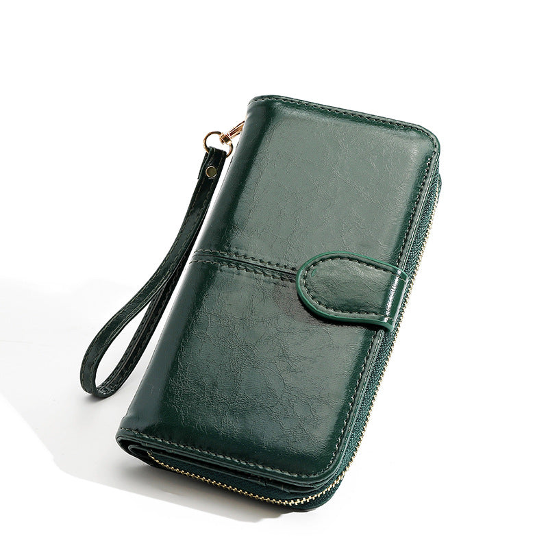 Women's Oily Leather Retro Oil Wax Skin Mobile Long Ladies Wallets