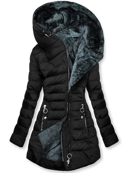 Women's Plush Hooded Mid-length Oblique Zipper Coats