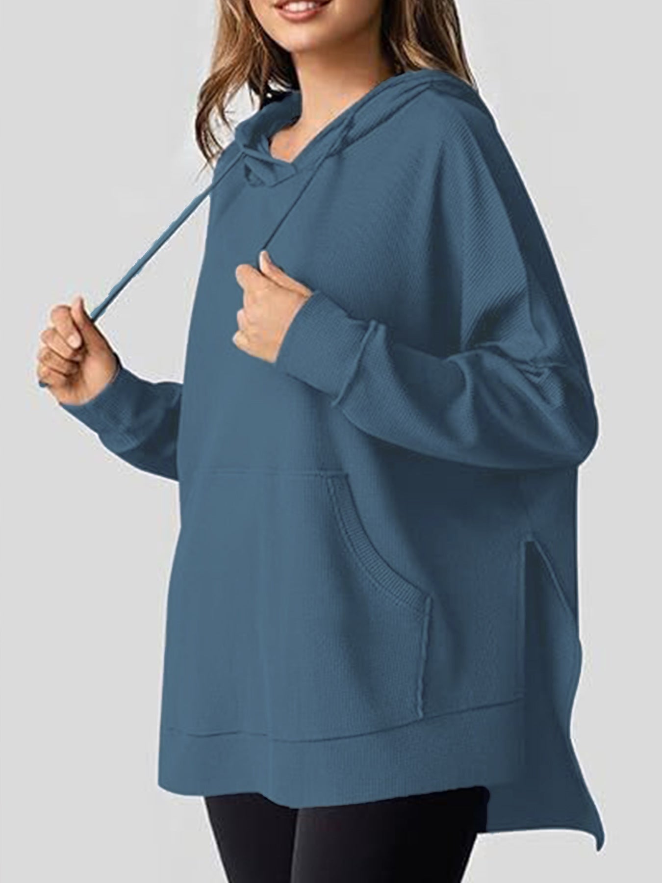 Women's Hoodie Waffle Knitted Side Slit Pullover With Pocket Women's Sweater, Sweater