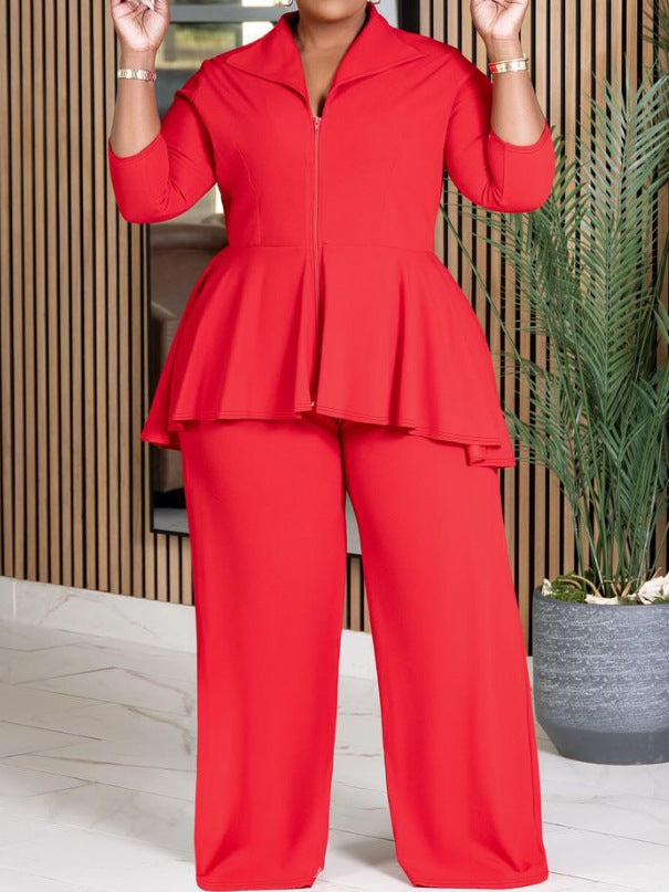 Women's Long Sleeve Lapel Zipper Wide Leg Suits