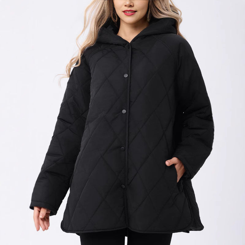 Women's Hooded Rhombus Plaid Quilted Black Coats