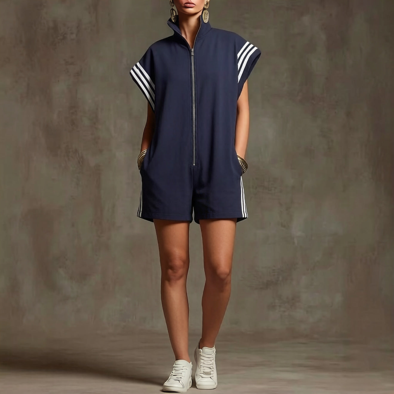 Women's Stand Collar Casual Zipper Striped Contrast Color Clothing