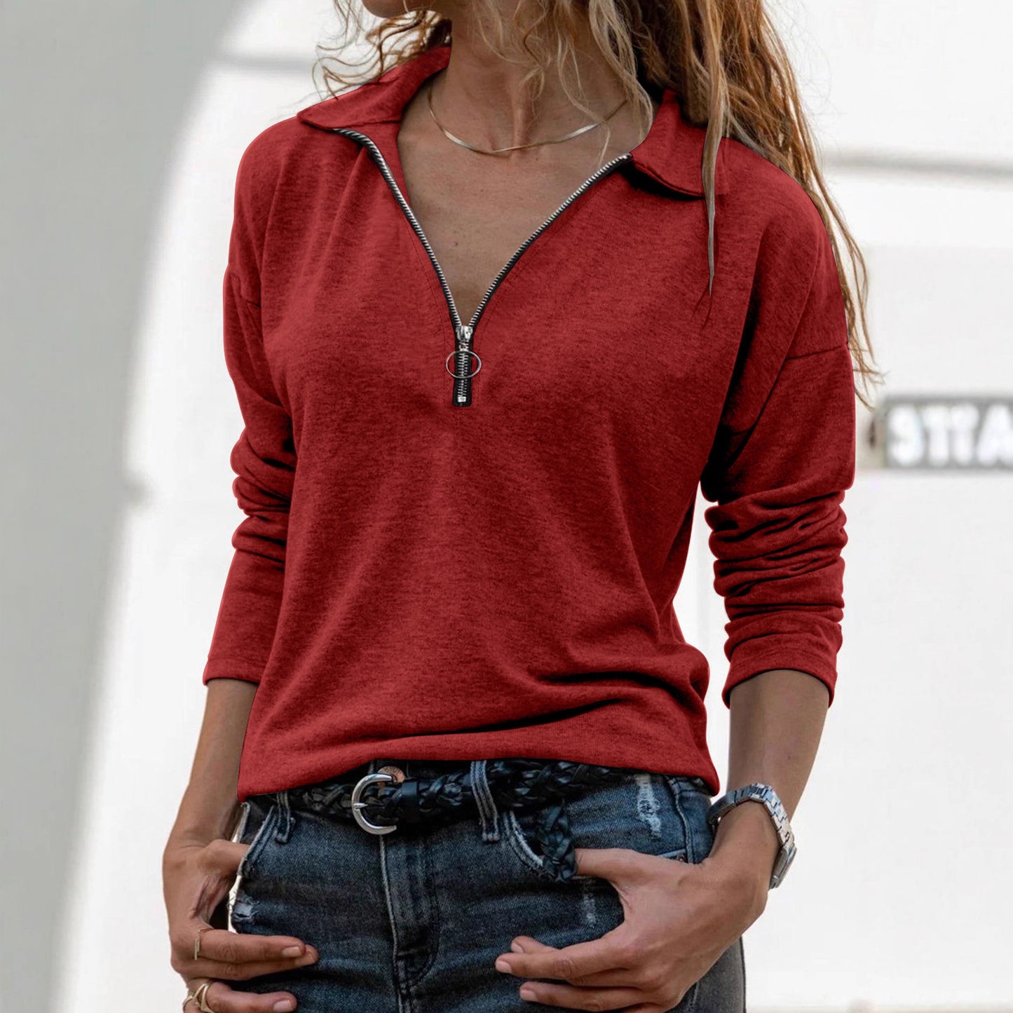 Women's Knitted Fabric Lapel Zipper Casual Long Women's T-shirt