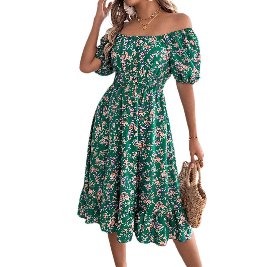 Women's Floral Square Collar Sleeve Ruffled A- Skirts