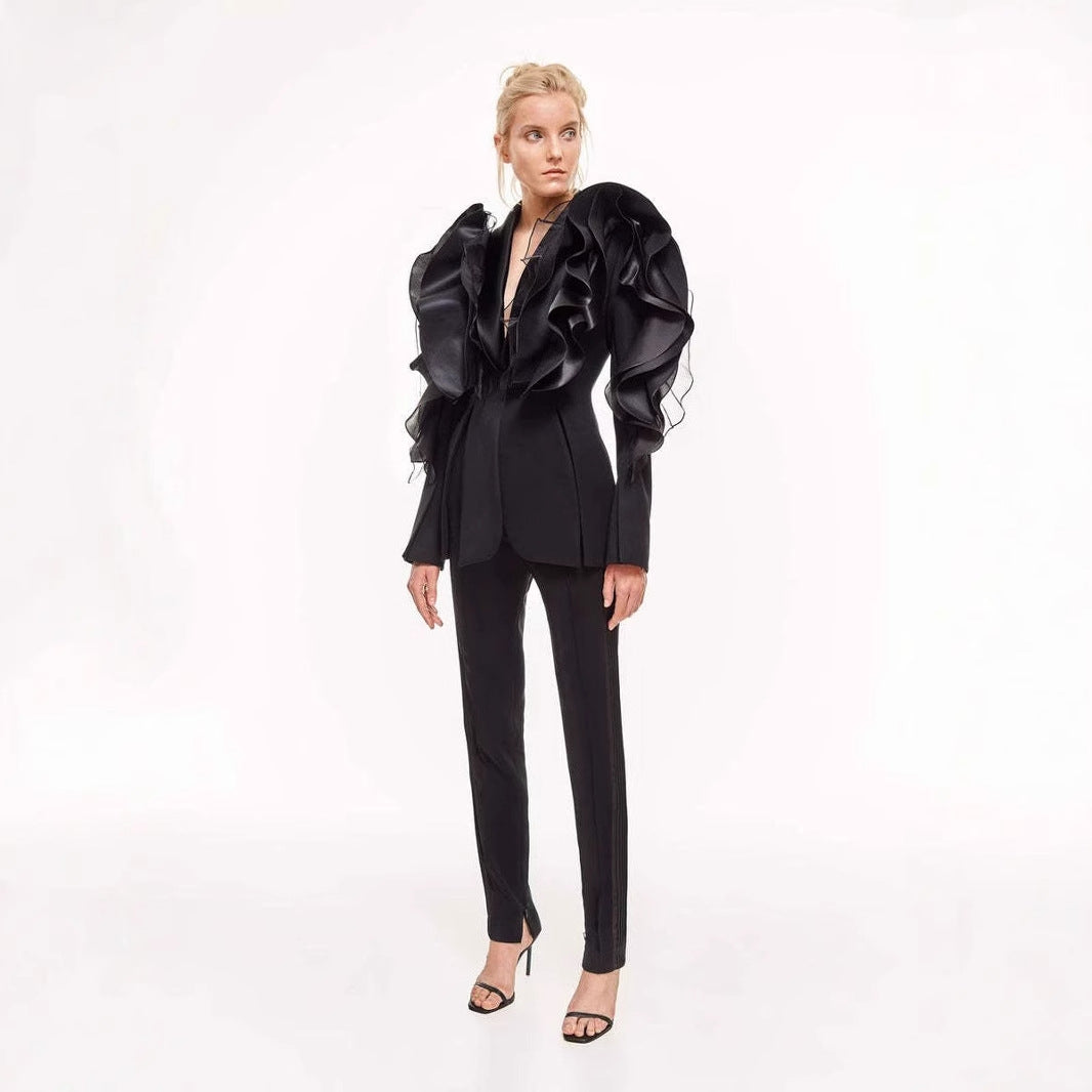 Goddess Temperament Black Three-dimensional Patchwork Ruffled Suits