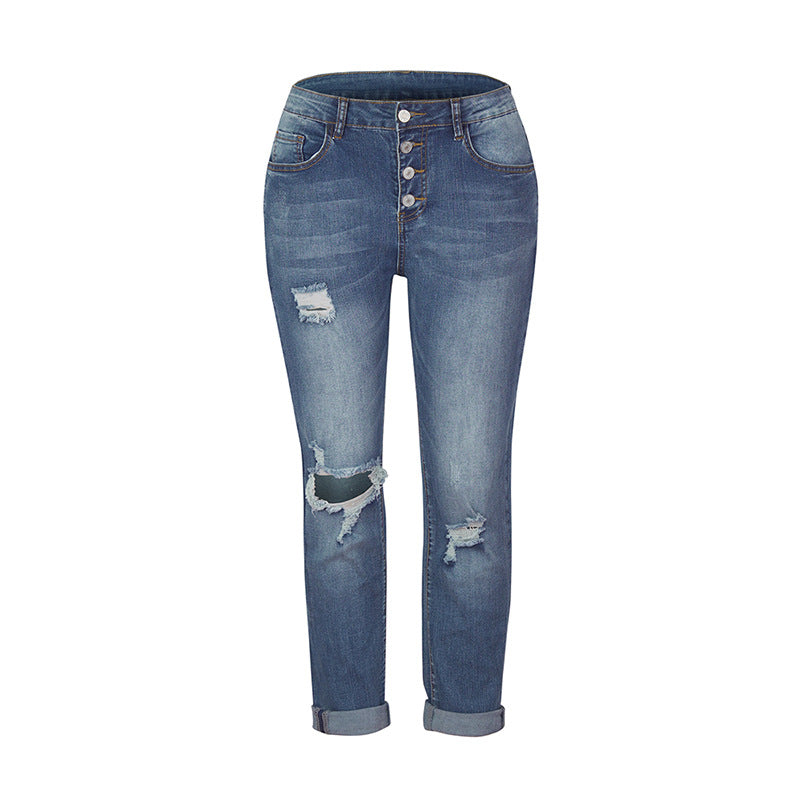 Women's Stretch Water Washed Hole Skinny Street Style Denim Women's Jeans