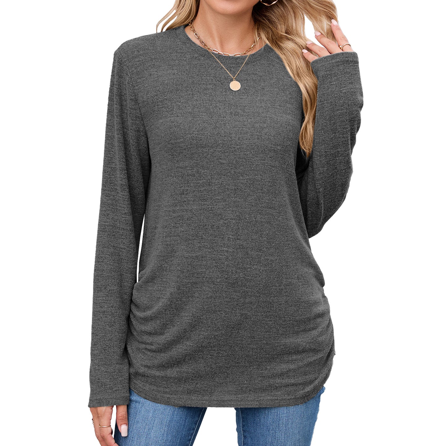 Women's Solid Color Round Neck Loose Long-sleeved Women's T-shirt