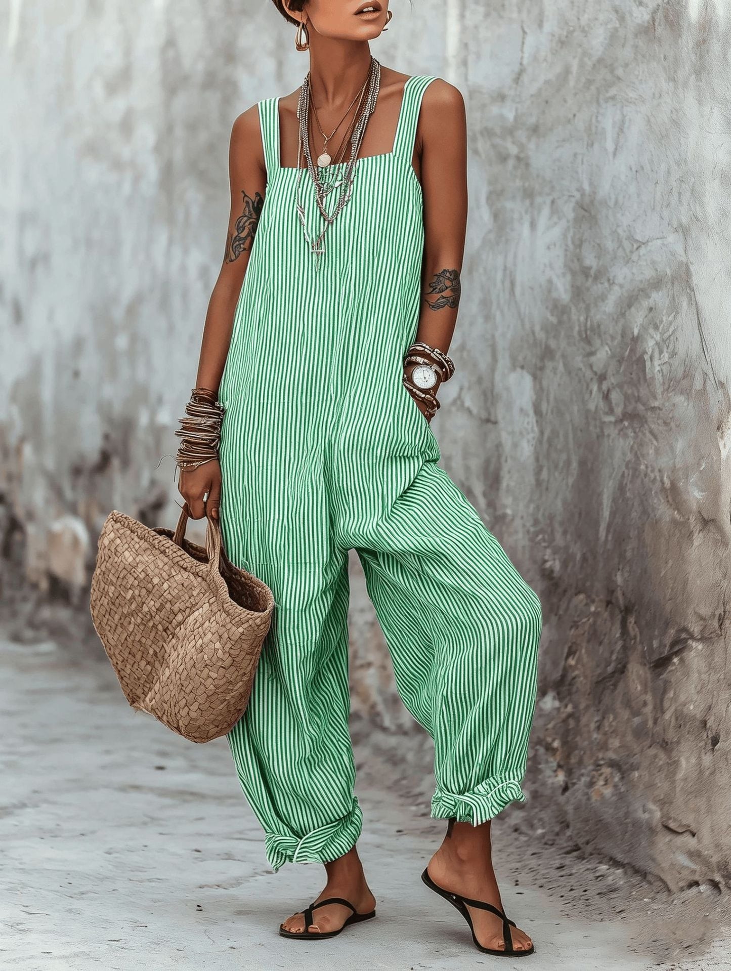 Women's Sleeveless Striped Print Loose Casual Women's Jumpsuit/clothing